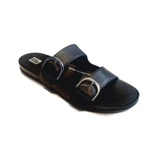 Fit Flop Gracie Slides Womens Size 5 Slip On Leather Buckle Sandals All Black - Picture 1 of 8